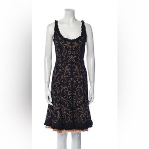 Carmen Marc Valvo Silk A-Line Lace Dress Ruffle Hems and Straps